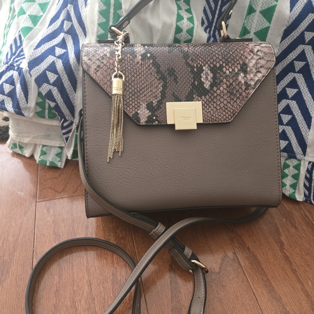 Dune London Taupe Satchel Crossbody with Snake-Print Flap and Gold Tassel